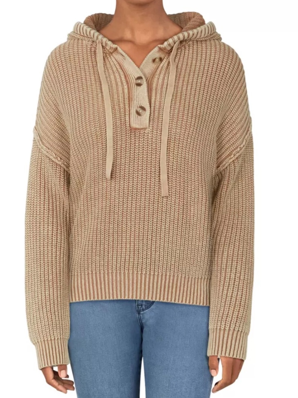 Natural Reflections Chunky Knit Hooded Pullover Sweater Camel Brown Size S